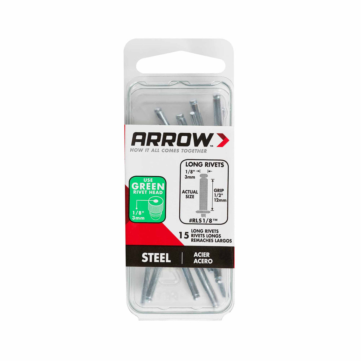 Rivet long 1/8" en acier, 15 unités