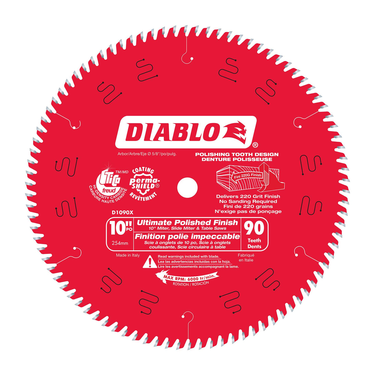 Lame circulaire Diablo pour finition ultra lisse de 10" à 90 dents, tige de 5/8"