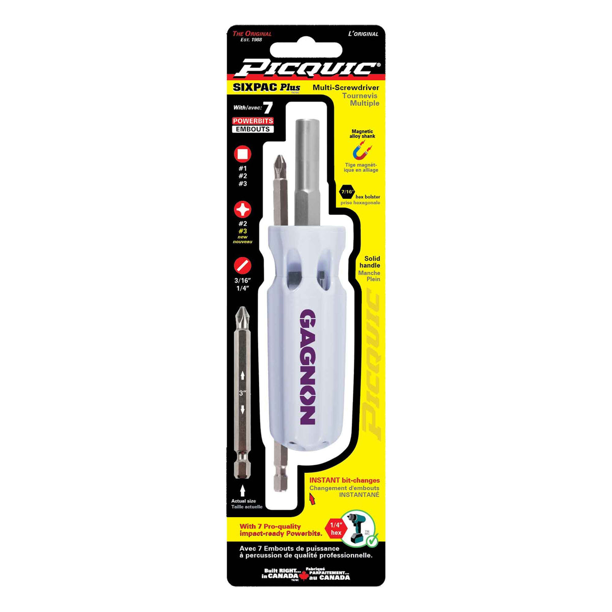 Tournevis multifonction Sixpac Plus Gagnon pleine grandeur avec embouts de 3'', 7 en 1 