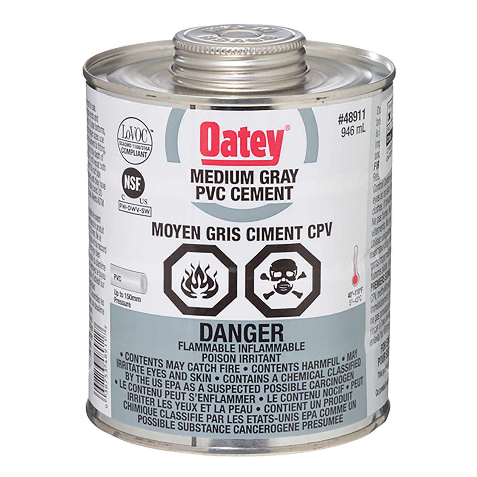 Ciment gris pour PVC à adhérence moyenne et à faible taux de COV, 946 ml