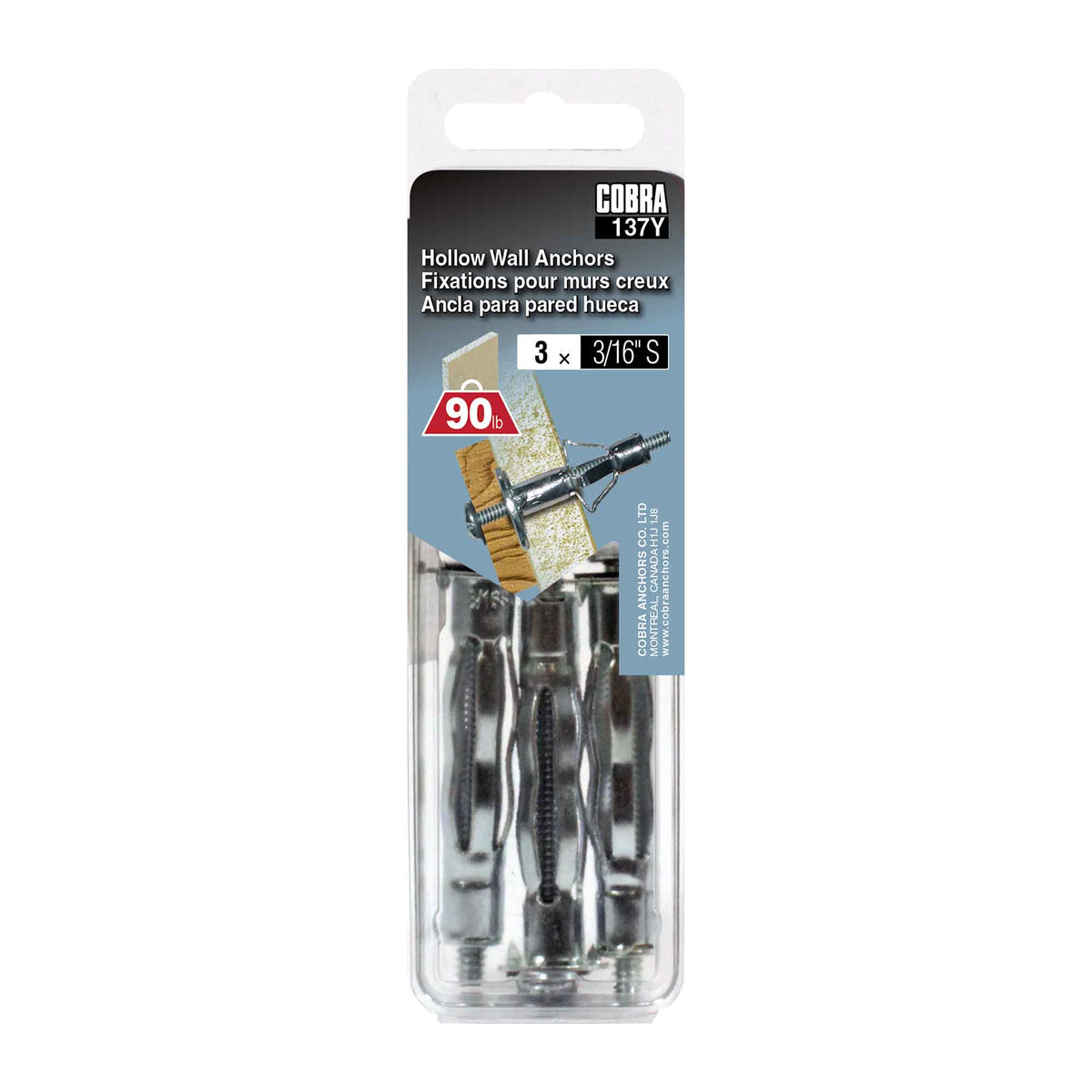 Fixation en acier pour mur creux de 3/16" (S), 3 unités