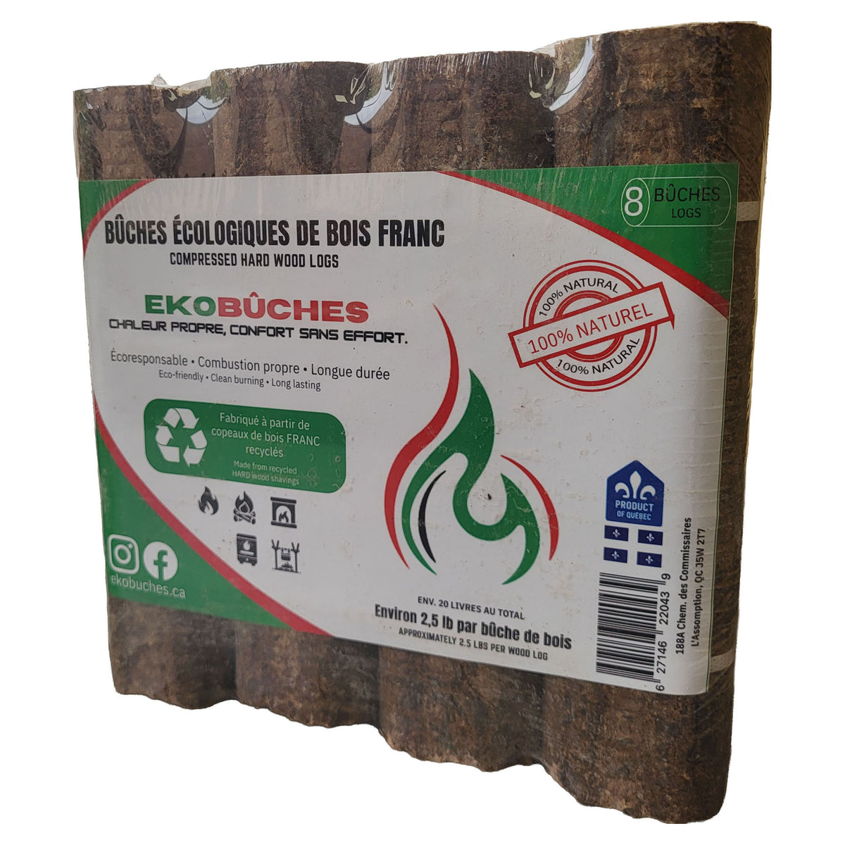 Bûches écologiques de bois franc, 8 unités (20 lb)