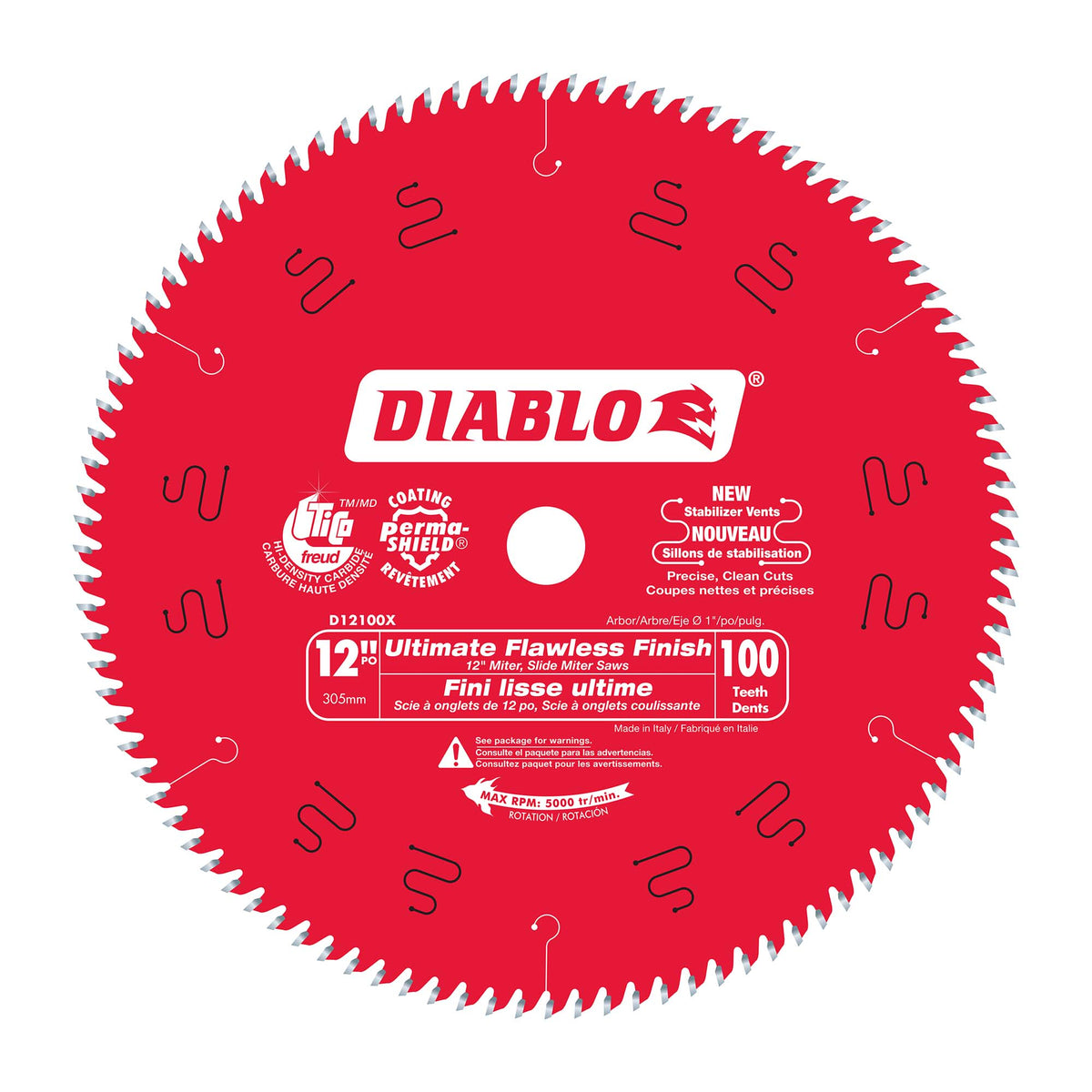Lame circulaire Diablo pour finition ultra lisse de 12" à 100 dents, tige de 1"